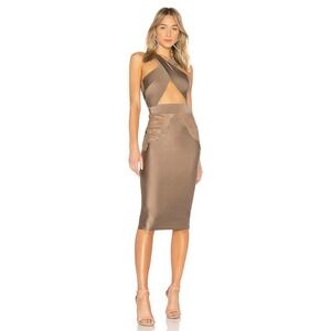 Michael Costello x Revolve M Dress Philip Lace Midi Cut Out Halter Bodycon Taupe